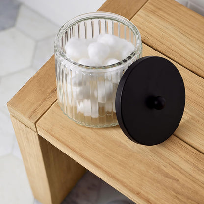 2-Pack Glass Qtip Holder Dispenser Set - Bathroom Canister Storage Organizer for Cotton Balls, Swabs, Floss Picks, and Makeup Sponges with Matte Black Metal Lid - Clear Vanity Apothecary Jars