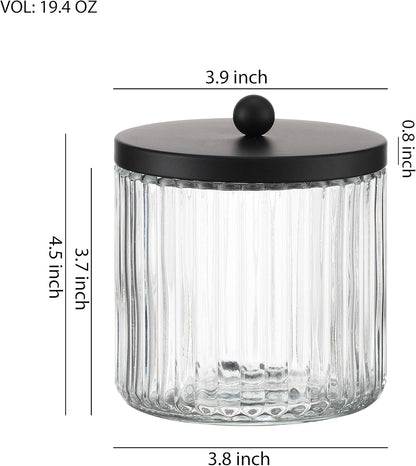 2-Pack Glass Qtip Holder Dispenser Set - Bathroom Canister Storage Organizer for Cotton Balls, Swabs, Floss Picks, and Makeup Sponges with Matte Black Metal Lid - Clear Vanity Apothecary Jars