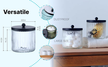 2-Pack Glass Qtip Holder Dispenser Set - Bathroom Canister Storage Organizer for Cotton Balls, Swabs, Floss Picks, and Makeup Sponges with Matte Black Metal Lid - Clear Vanity Apothecary Jars