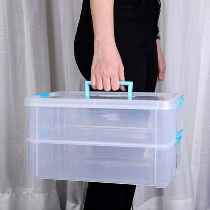 2-Tiers Stack Carry Storage Box With Handle, Transparent Stackable Storage Bin With Handle Lid Latching Storage Container for School & Office Supplies (Blue)