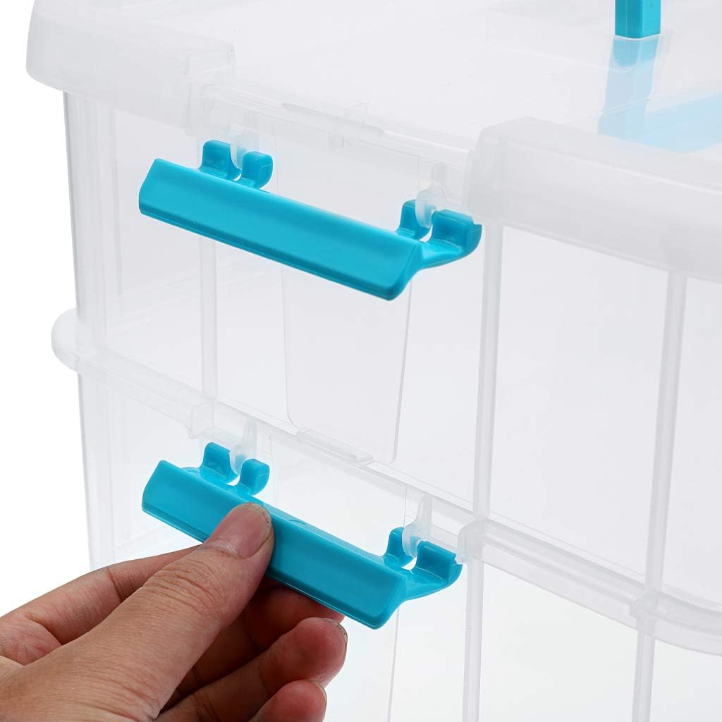2-Tiers Stack Carry Storage Box With Handle, Transparent Stackable Storage Bin With Handle Lid Latching Storage Container for School & Office Supplies (Blue)