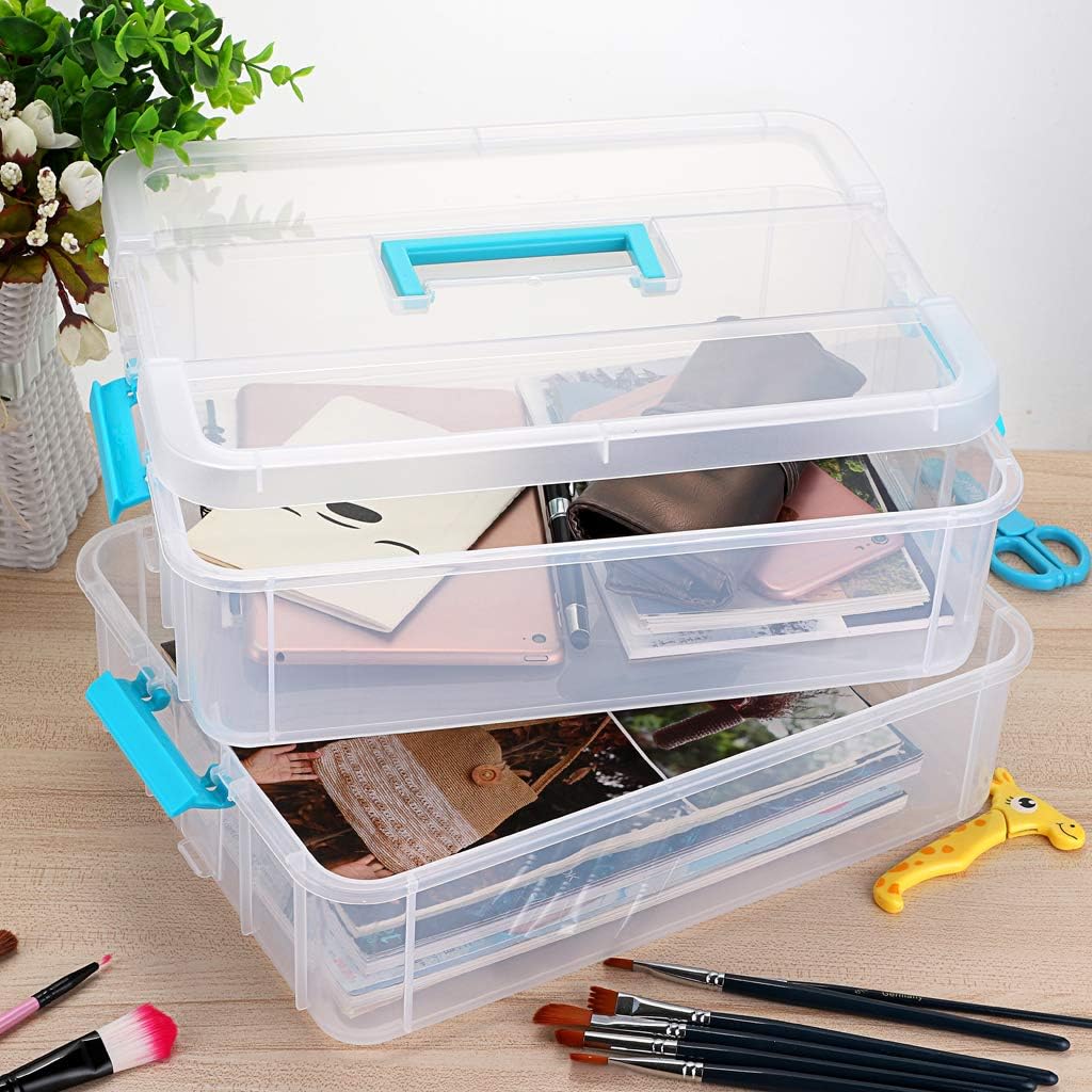2-Tiers Stack Carry Storage Box With Handle, Transparent Stackable Storage Bin With Handle Lid Latching Storage Container for School & Office Supplies (Blue)