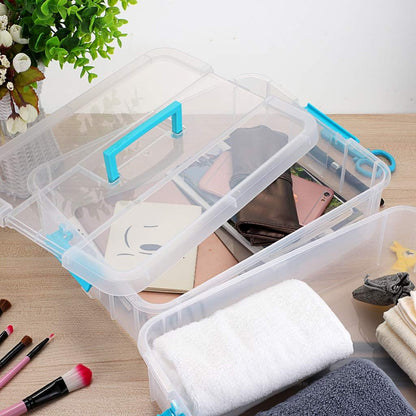 2-Tiers Stack Carry Storage Box With Handle, Transparent Stackable Storage Bin With Handle Lid Latching Storage Container for School & Office Supplies (Blue)