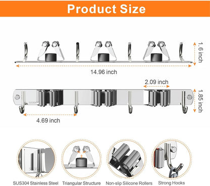 2 Pack Mop and Broom Holder Wall Mount, Non-slip Broom Hanger, Heavy Duty Mop Broom Organizer for Kitchen Garden Garage Laundry Room Wall Decor Organization and Storage Silver 3R4H