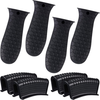 8 Pcs Silicone Pot Holders Set Cast Iron Handle Cover Heat Resistant Pot Handle Covers Potholder Non Slip Reusable Pan Sleeve for Frying Pan Kitchen Supplies(Black)