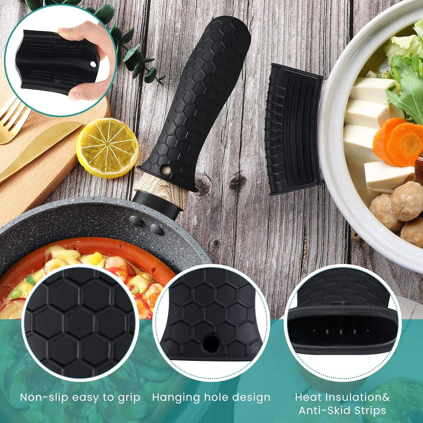 8 Pcs Silicone Pot Holders Set Cast Iron Handle Cover Heat Resistant Pot Handle Covers Potholder Non Slip Reusable Pan Sleeve for Frying Pan Kitchen Supplies(Black)