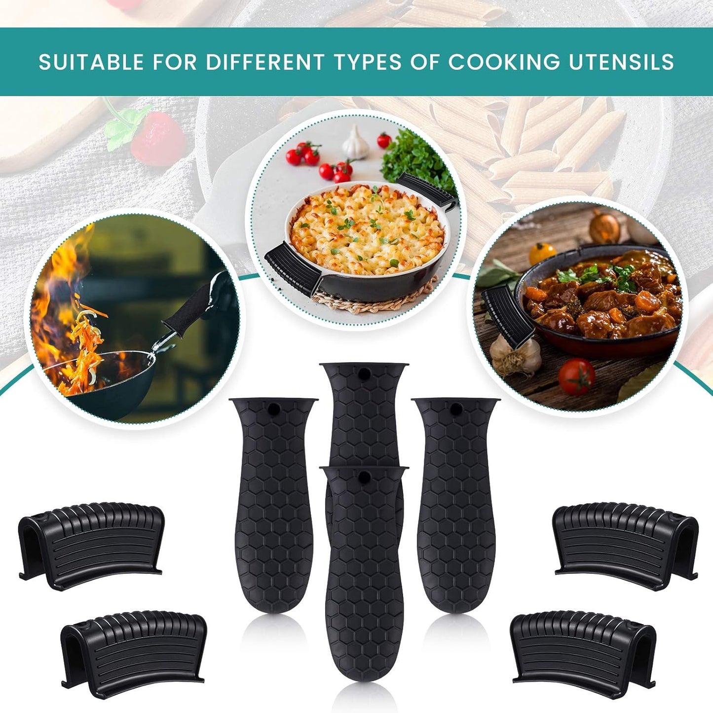 8 Pcs Silicone Pot Holders Set Cast Iron Handle Cover Heat Resistant Pot Handle Covers Potholder Non Slip Reusable Pan Sleeve for Frying Pan Kitchen Supplies(Black)