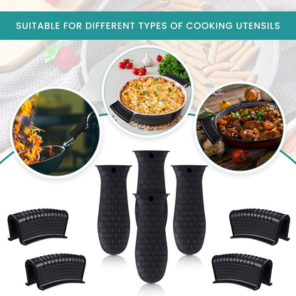 8 Pcs Silicone Pot Holders Set Cast Iron Handle Cover Heat Resistant Pot Handle Covers Potholder Non Slip Reusable Pan Sleeve for Frying Pan Kitchen Supplies(Black)
