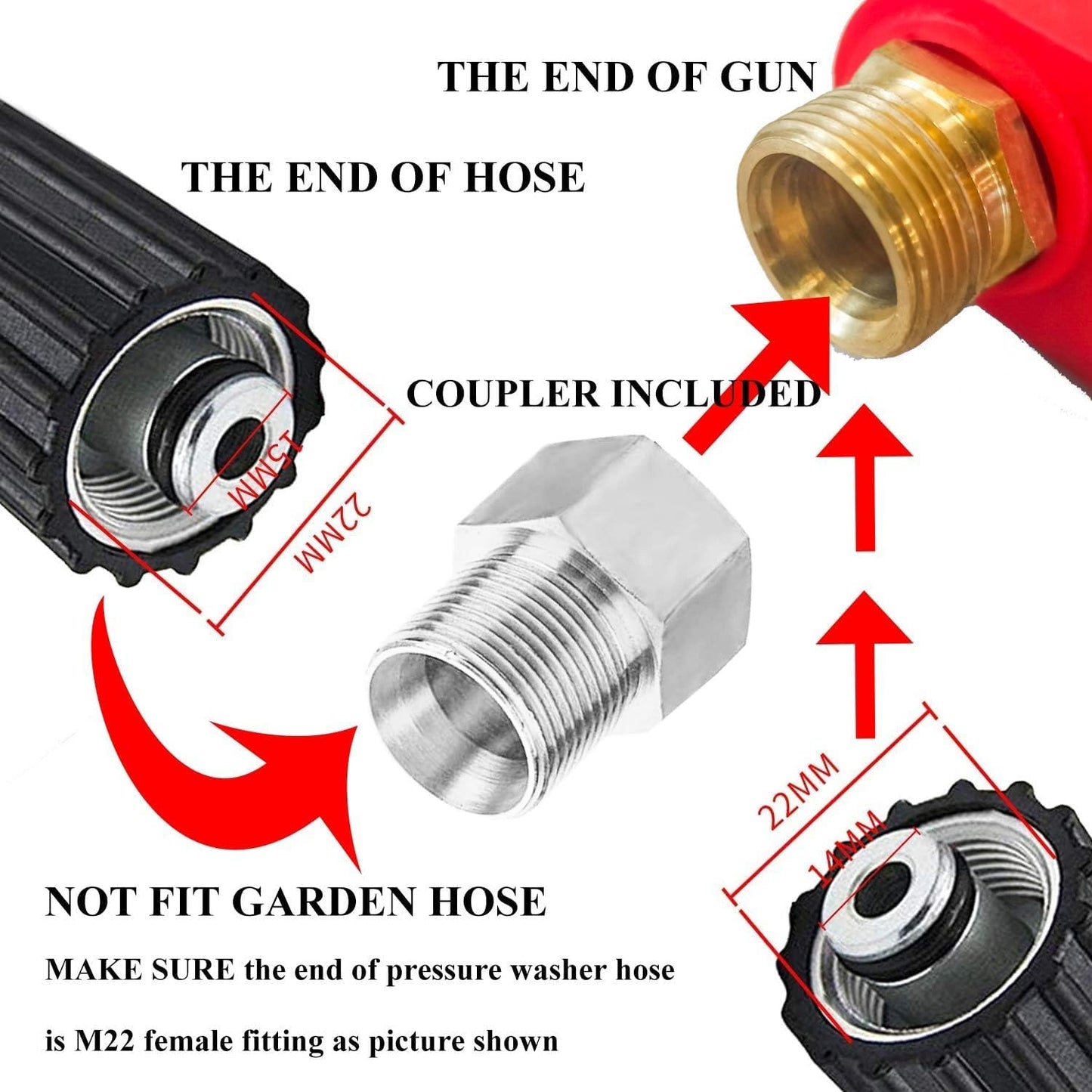 Pressure Washer Gun, Red High Power Washer Gun with Replacement Wand Extension, 5 Nozzle Tips, M22 Fittings, 40 Inch, 5000 PSI