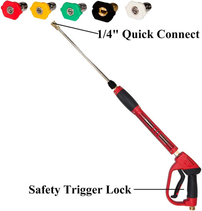 Pressure Washer Gun, Red High Power Washer Gun with Replacement Wand Extension, 5 Nozzle Tips, M22 Fittings, 40 Inch, 5000 PSI