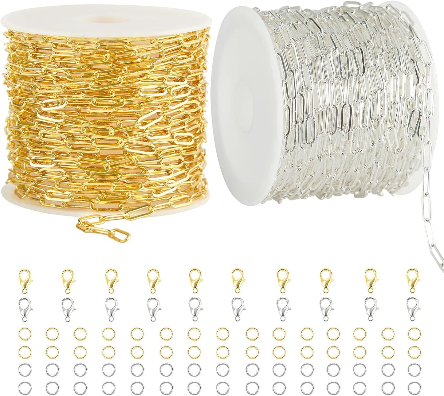 2 Rolls Paperclip Chain for Jewelry Making 32.8 Feet Jewelry Chain Links Silver and Gold Chains Bulk with Lobster Clasps and Jump Rings for DIY Craft Finding Jewelry Making Supplies