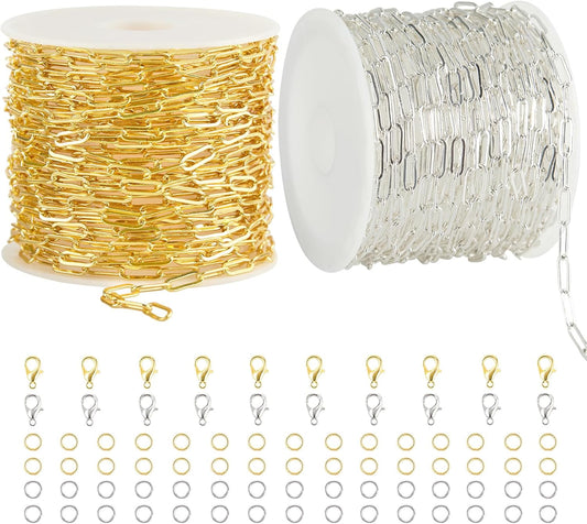 2 Rolls Paperclip Chain for Jewelry Making 32.8 Feet Jewelry Chain Links Silver and Gold Chains Bulk with Lobster Clasps and Jump Rings for DIY Craft Finding Jewelry Making Supplies