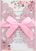 50Pcs Wedding Invitations with Envelopes and Rsvp Cards Pink Glitter Laser Cut Invitations with Pink Ribbons for Engagement Brithday Quinceanera Invites