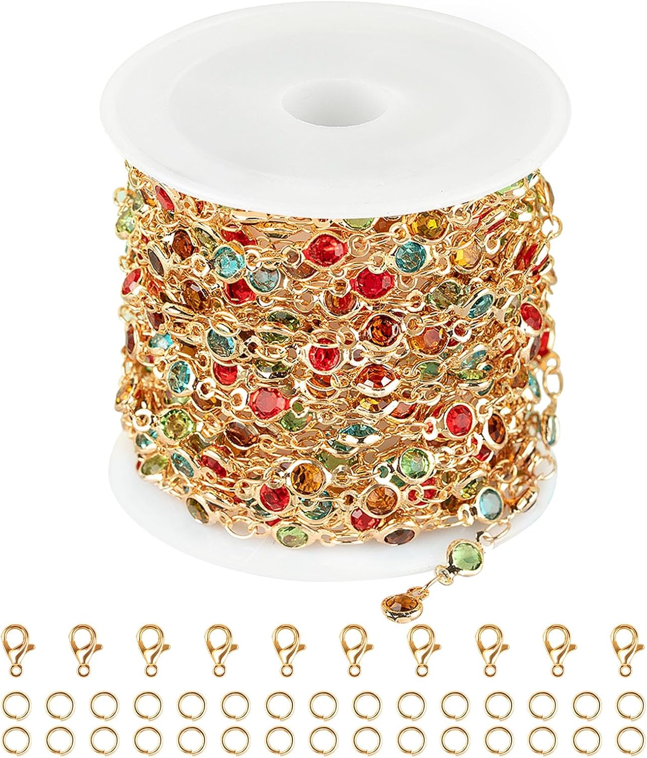 16.4 Feet/5M Gold Necklace Chains for Jewelry Making Colorful Rhinestone Beaded Chain Bulk Brass Chains Roll with Jump Rings Lobster Clasps for Jewelry Craft Making