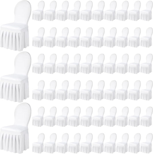Chair Slip Covers with Skirt Wedding Long Stretch Spandex Dining Chair Cover Protectors Removable and Washable for Hotel and Wedding Ceremony(White,60 Pieces)