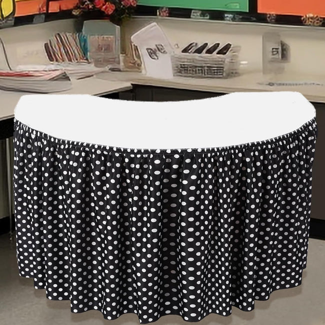14 ft Black and White Polka Dots Table Skirt Cloths for Teacher Desk Boho Wrinkle Polka Dots Table Cover Skirt for Kindergarten Classroom Kidney Shaped Desk Back to School Supplies Hover Image