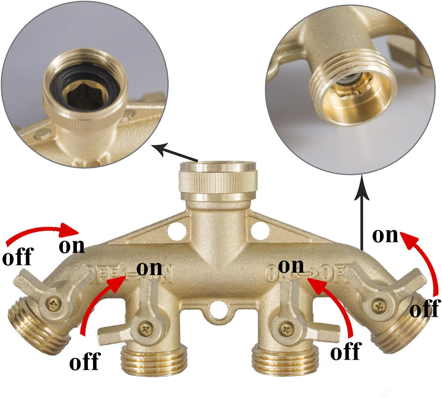 Brass Garden Hose Splitter (4 Way) + 1/2 Inch Push-Fit Full Port Ball Valve