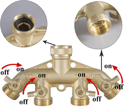 Brass Garden Hose Splitter (4 Way) + 1/2 Inch Push-Fit Full Port Ball Valve
