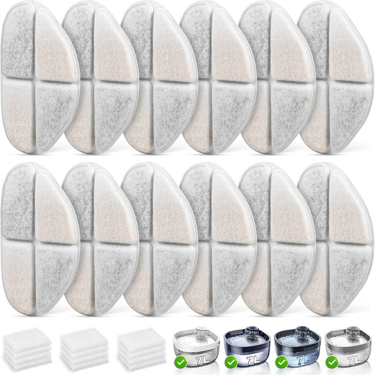 12 Packs Replacement Filters and 12 Packs Pump Sponges for FEELNEEDY 7L/1.8Gal Dog Water Fountain (FN-W05)