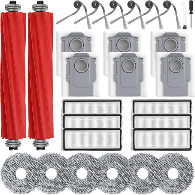 28 Pack QV 35A Replacement Parts for Roborock QV 35A / QV 35S Robot Vacuum, Accessories Kit with 2 Main Brush, 6 Side Brushes, 6 HEPA Filters, 6 Mop Pads, 6 Dust Bags, Cleaning Tool & Screwdriver Hover Image