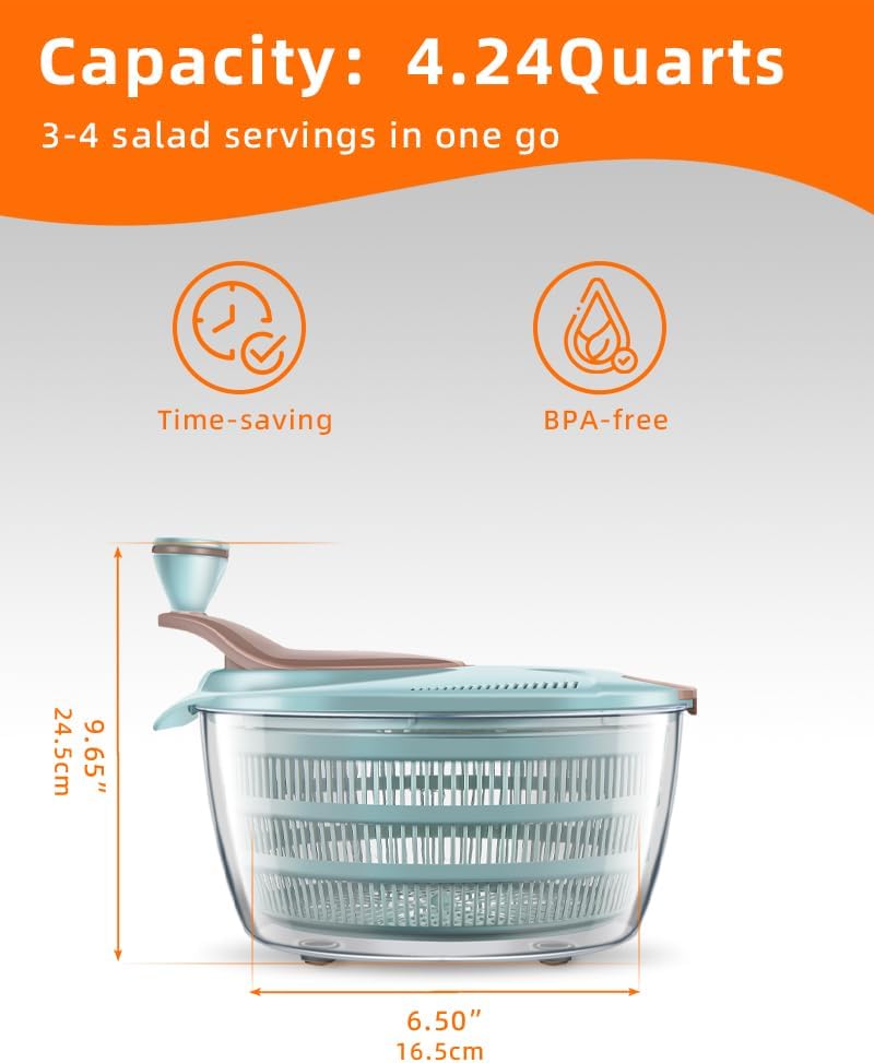 Salad Spinner, 4.24 Quart Lettuce Spinner with Double Drainage Holes, Salad Dryer for Washing, Spinning, and Draining Greens, Fruits, and Vegetables