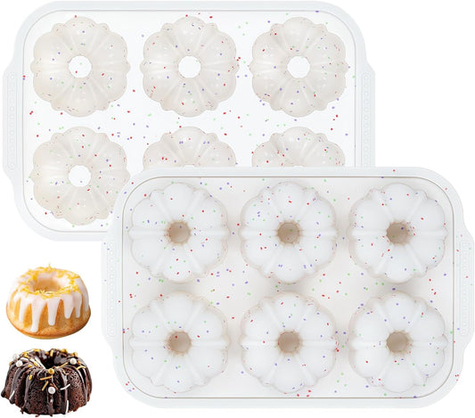 Mini Fluted Tube Pan with Metal Reinforced Frame, 6-Cavity Silicone Nonstick Small Cake Molds 2Pcs for Chocoflan, Donuts, Cornbread, Brownies, Jellies BPA Free