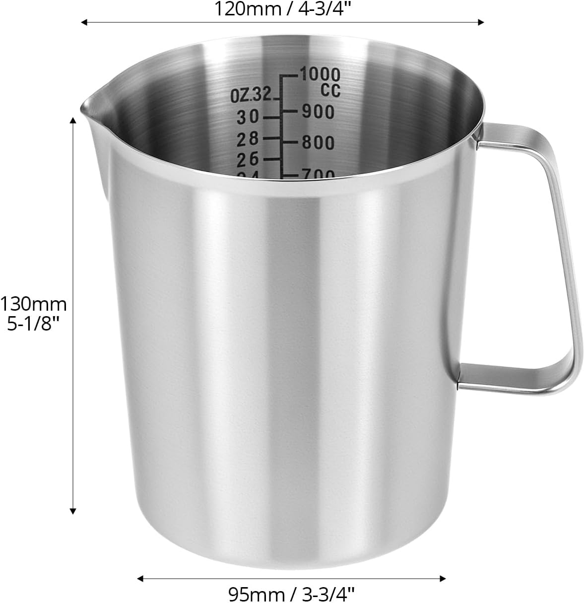 304 Stainless Steel Measuring Cup 32 OZ with OZ/ML Graduations, 4 Cup Kitchen Mixing Pitcher, Precision Engraved Markings, Container for Baking and Frothing, 1 Liter
