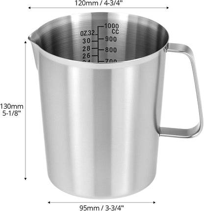 304 Stainless Steel Measuring Cup 32 OZ with OZ/ML Graduations, 4 Cup Kitchen Mixing Pitcher, Precision Engraved Markings, Container for Baking and Frothing, 1 Liter