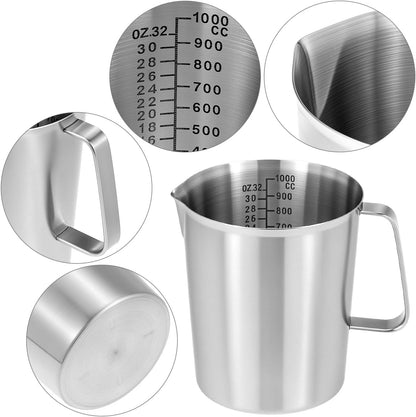 304 Stainless Steel Measuring Cup 32 OZ with OZ/ML Graduations, 4 Cup Kitchen Mixing Pitcher, Precision Engraved Markings, Container for Baking and Frothing, 1 Liter