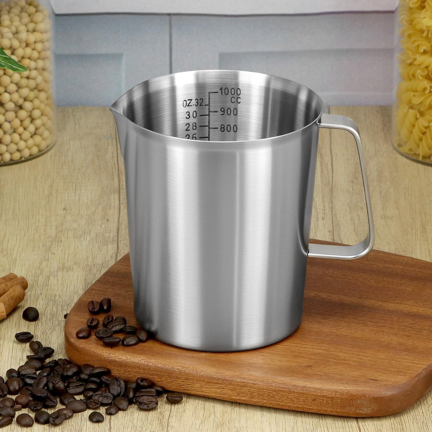 304 Stainless Steel Measuring Cup 32 OZ with OZ/ML Graduations, 4 Cup Kitchen Mixing Pitcher, Precision Engraved Markings, Container for Baking and Frothing, 1 Liter