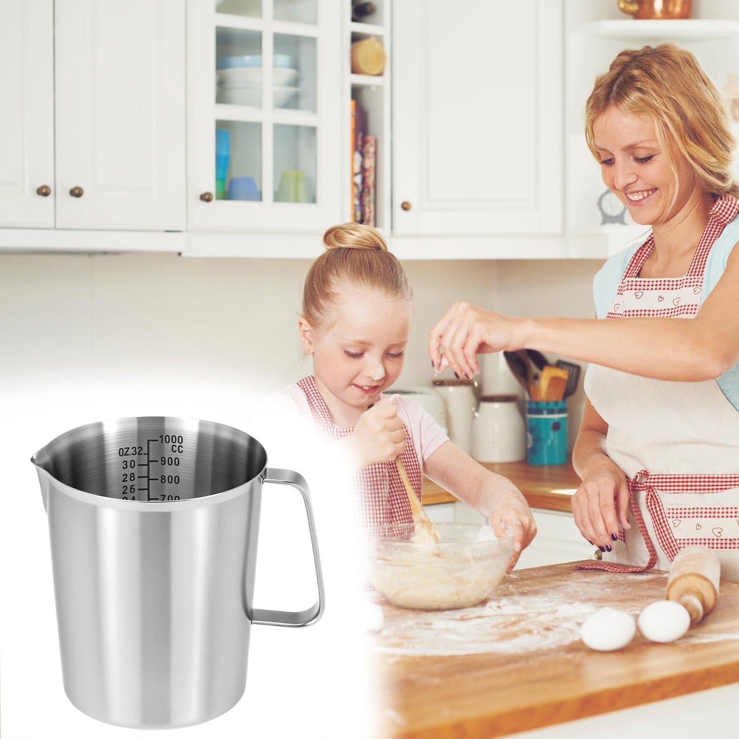 304 Stainless Steel Measuring Cup 32 OZ with OZ/ML Graduations, 4 Cup Kitchen Mixing Pitcher, Precision Engraved Markings, Container for Baking and Frothing, 1 Liter