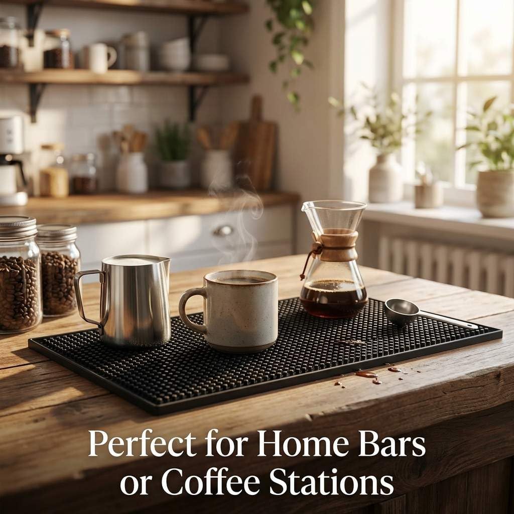 12"x6" Black Rubber Bar Mat – 6 Pack Non-Slip Drainage Pad for Coffee Stations, Home Bars & Kitchens