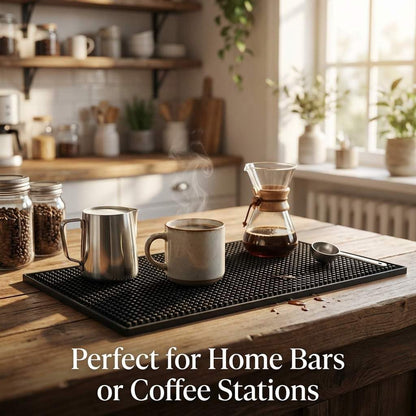 12"x6" Black Rubber Bar Mat – 6 Pack Non-Slip Drainage Pad for Coffee Stations, Home Bars & Kitchens