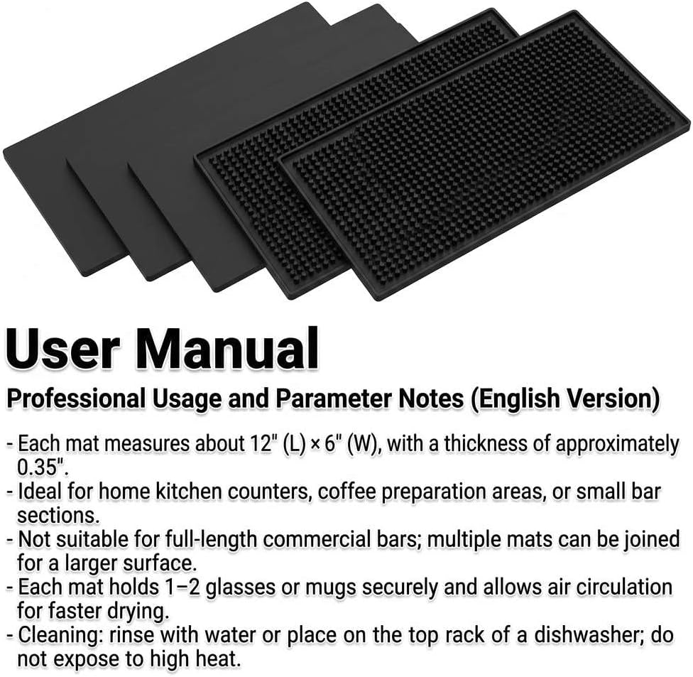 12"x6" Black Rubber Bar Mat – 6 Pack Non-Slip Drainage Pad for Coffee Stations, Home Bars & Kitchens