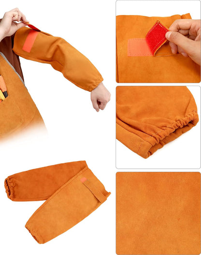 Welding Apron& Sleeves, Welding Work Protectors Set, Heat and Flame Resistant Leather Work Shop, Blacksmith Protective or Safety Clothing, Welders, Fireplace, Gardening, BBQ Apron, Bib Apron