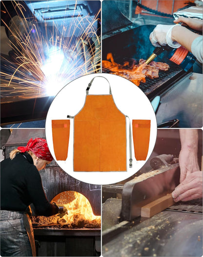 Welding Apron& Sleeves, Welding Work Protectors Set, Heat and Flame Resistant Leather Work Shop, Blacksmith Protective or Safety Clothing, Welders, Fireplace, Gardening, BBQ Apron, Bib Apron