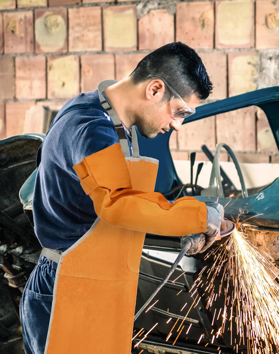Welding Apron& Sleeves, Welding Work Protectors Set, Heat and Flame Resistant Leather Work Shop, Blacksmith Protective or Safety Clothing, Welders, Fireplace, Gardening, BBQ Apron, Bib Apron