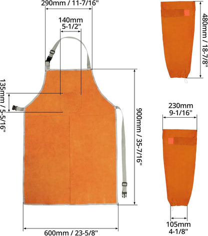 Welding Apron& Sleeves, Welding Work Protectors Set, Heat and Flame Resistant Leather Work Shop, Blacksmith Protective or Safety Clothing, Welders, Fireplace, Gardening, BBQ Apron, Bib Apron