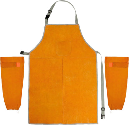 Welding Apron& Sleeves, Welding Work Protectors Set, Heat and Flame Resistant Leather Work Shop, Blacksmith Protective or Safety Clothing, Welders, Fireplace, Gardening, BBQ Apron, Bib Apron