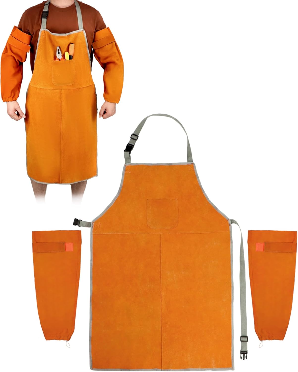 Welding Apron& Sleeves, Welding Work Protectors Set, Heat and Flame Resistant Leather Work Shop, Blacksmith Protective or Safety Clothing, Welders, Fireplace, Gardening, BBQ Apron, Bib Apron