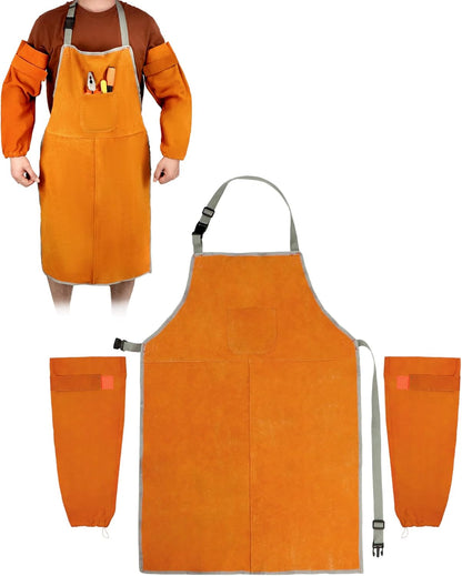 Welding Apron& Sleeves, Welding Work Protectors Set, Heat and Flame Resistant Leather Work Shop, Blacksmith Protective or Safety Clothing, Welders, Fireplace, Gardening, BBQ Apron, Bib Apron