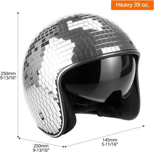 Disco Ball Helmet Party Decoration with Retractable Visor and Cowboy Hat Design - Handmade Glitter Glass Cap, 39 oz. Weight