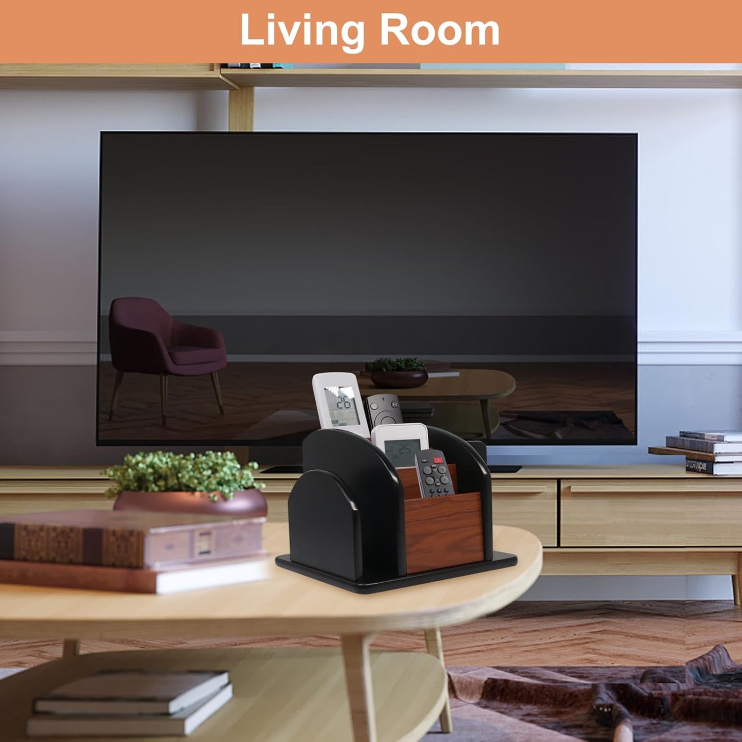 Remote Control Holder Caddy - Wooden Rotating Coffee Table Organizer Large Spinning Wood Remote Holder for Living Room Office (6 Compartments, Brown & Black)