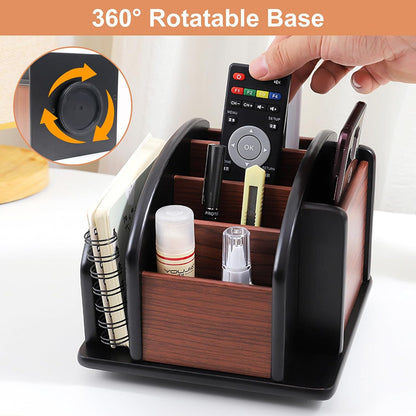 Remote Control Holder Caddy - Wooden Rotating Coffee Table Organizer Large Spinning Wood Remote Holder for Living Room Office (6 Compartments, Brown & Black)