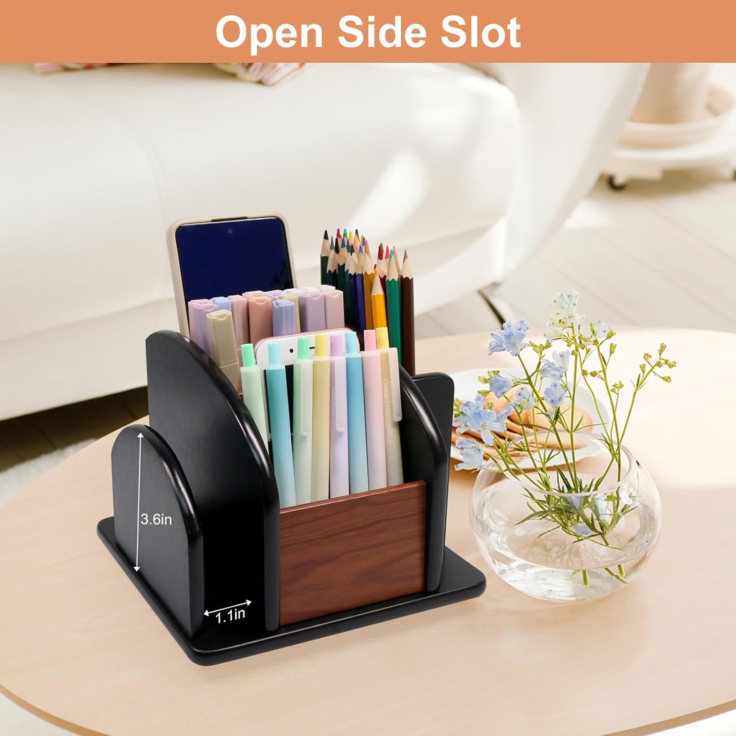 Remote Control Holder Caddy - Wooden Rotating Coffee Table Organizer Large Spinning Wood Remote Holder for Living Room Office (6 Compartments, Brown & Black)