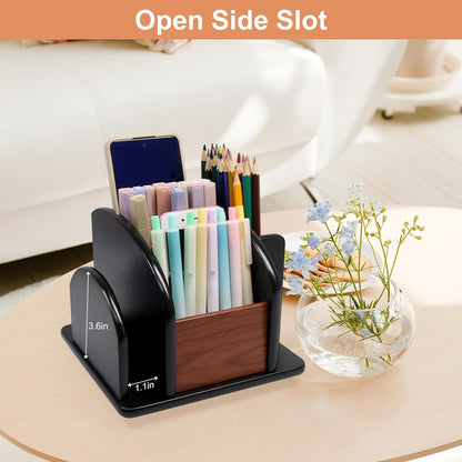 Remote Control Holder Caddy - Wooden Rotating Coffee Table Organizer Large Spinning Wood Remote Holder for Living Room Office (6 Compartments, Brown & Black)
