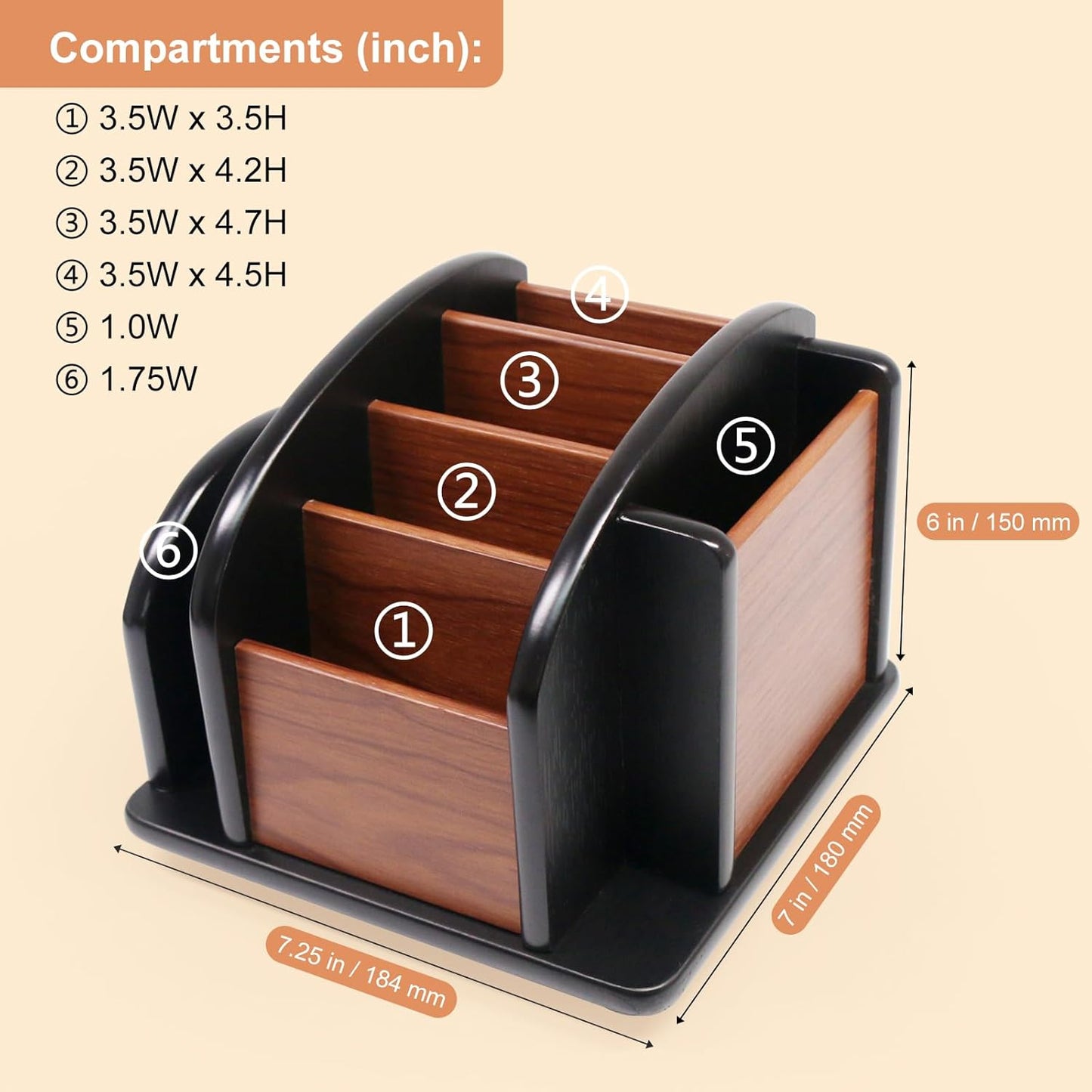 Remote Control Holder Caddy - Wooden Rotating Coffee Table Organizer Large Spinning Wood Remote Holder for Living Room Office (6 Compartments, Brown & Black)
