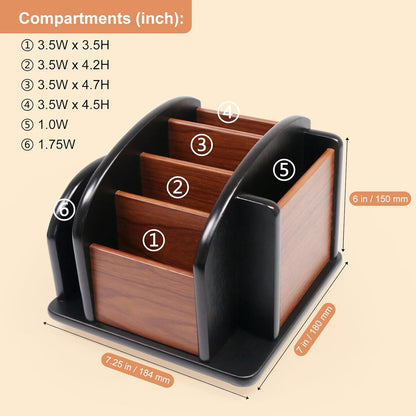 Remote Control Holder Caddy - Wooden Rotating Coffee Table Organizer Large Spinning Wood Remote Holder for Living Room Office (6 Compartments, Brown & Black)