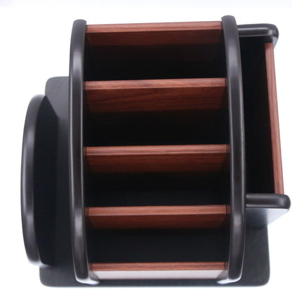 Remote Control Holder Caddy - Wooden Rotating Coffee Table Organizer Large Spinning Wood Remote Holder for Living Room Office (6 Compartments, Brown & Black)