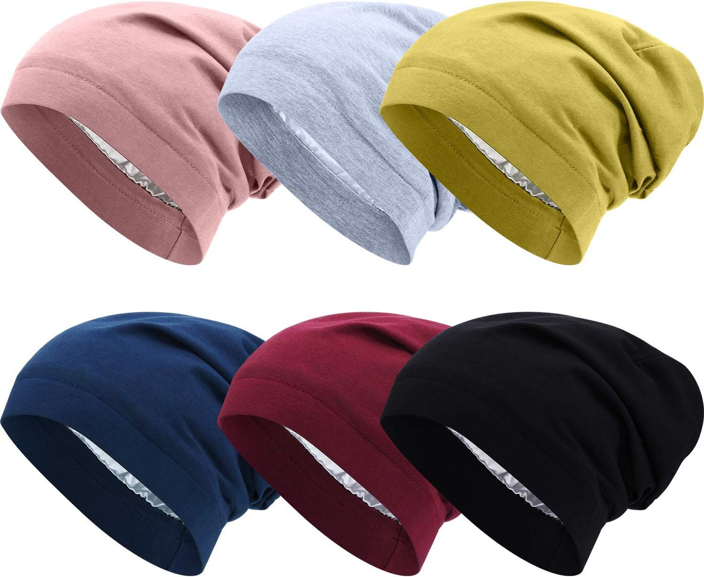 6 Pieces Satin Lined Sleep Cap Slouchy Skull Beanie Hat Night Hair Cap Headwear Head Wrap for Curly Hair Women Girl